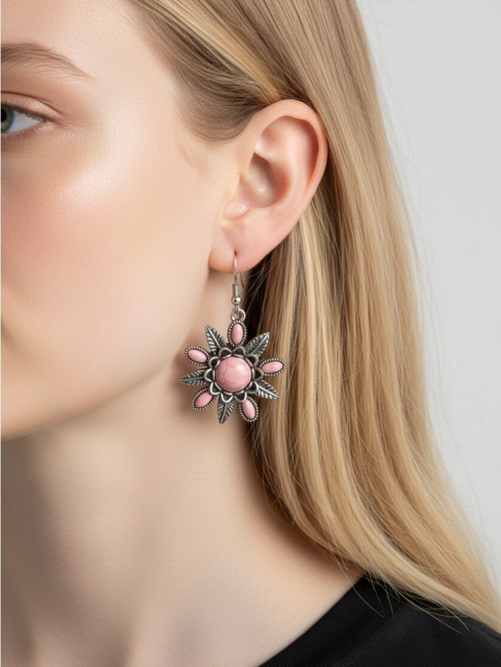 10/8 Silver Pink Floral Drop Earrings - Women Jewelry
